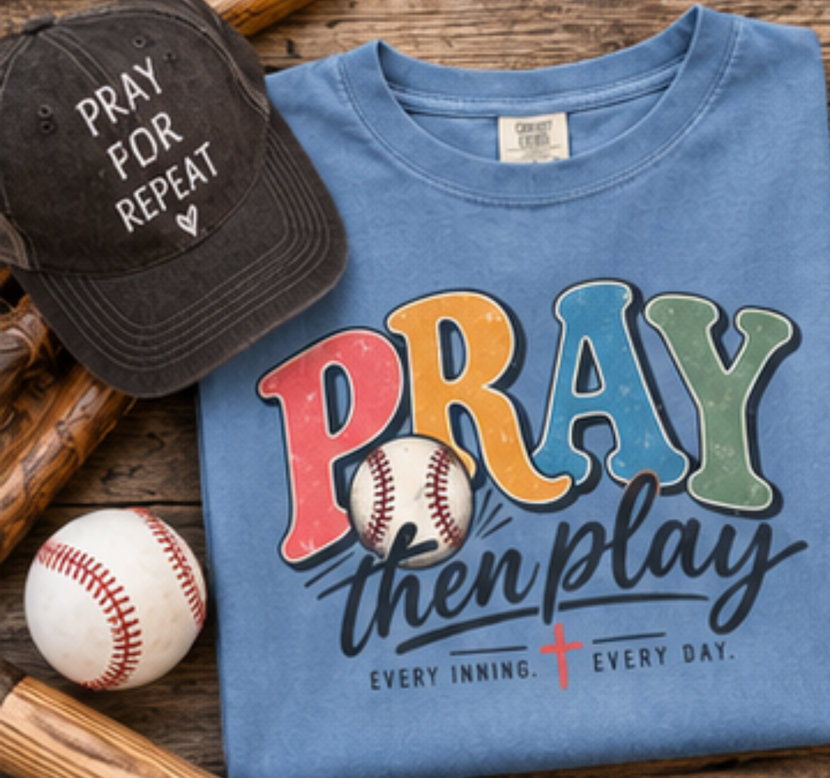Pray Then Play T-Shirt | Christian Baseball Shirt | Faith Baseball Tee
