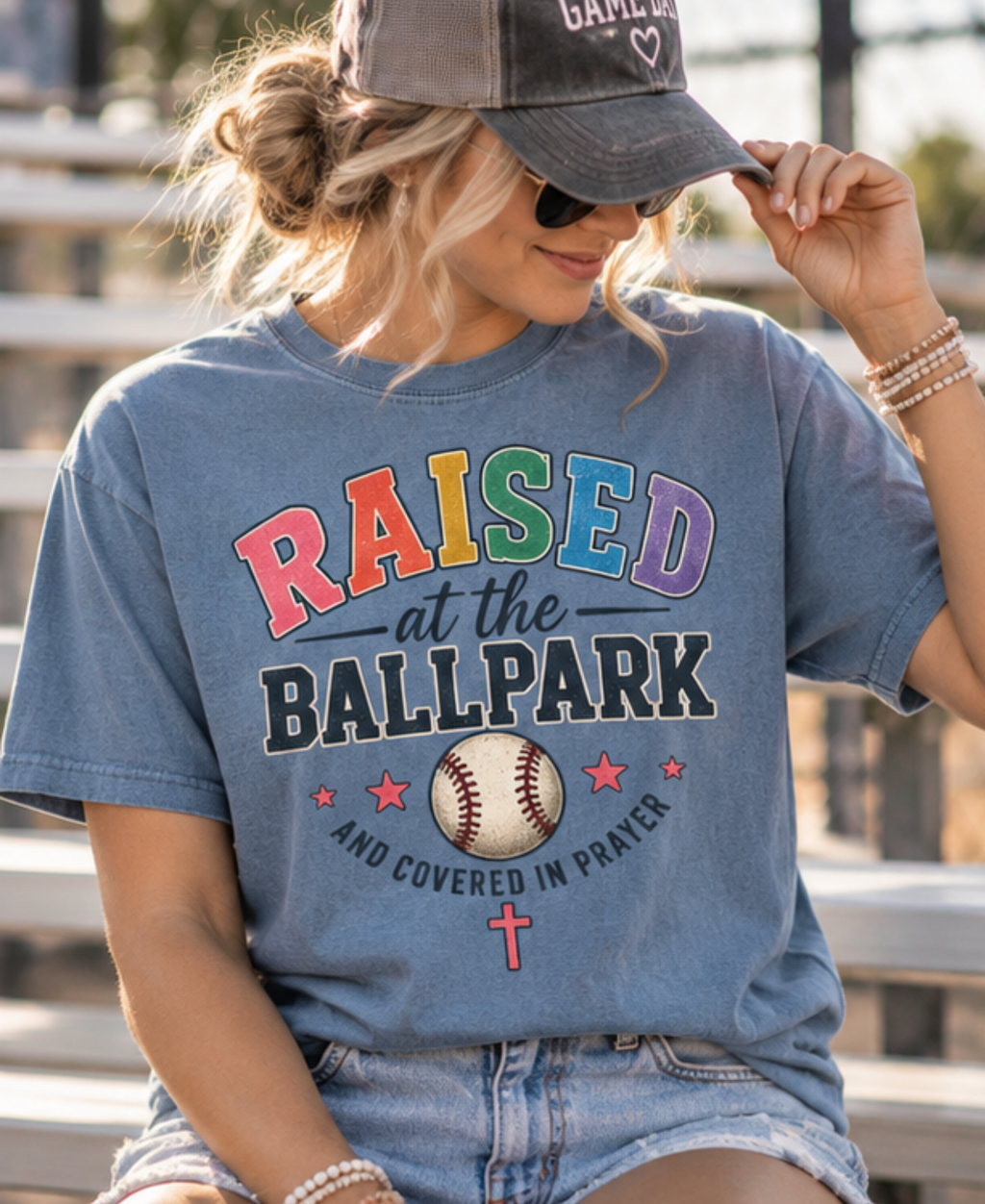Raised at the Ballpark T-Shirt | Christian Baseball Mom Shirt | Travel Baseball Mom Tee