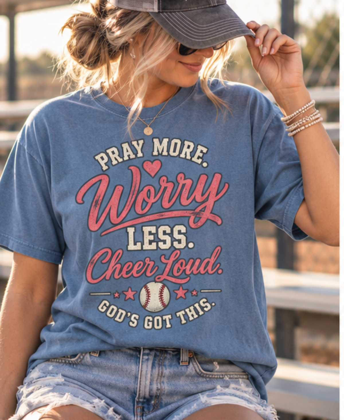 Pray More Worry Less Cheer Loud T-Shirt | Christian Baseball Mom Shirt | Faith Baseball Tee | Game Day Mom Shirt