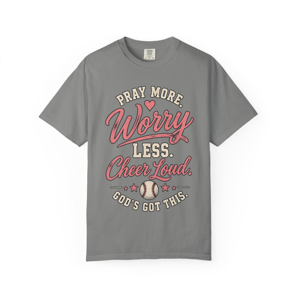Pray More Worry Less Cheer Loud T-Shirt | Christian Baseball Mom Shirt | Faith Baseball Tee | Game Day Mom Shirt